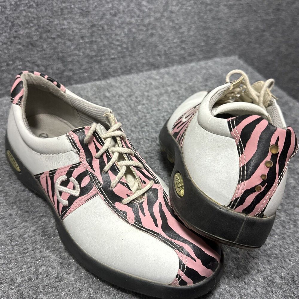 ECCO PINK BLACK ZEBRA PRINT‎ WHITE LEATHER GOLF SHOES WOMEN 36 6M